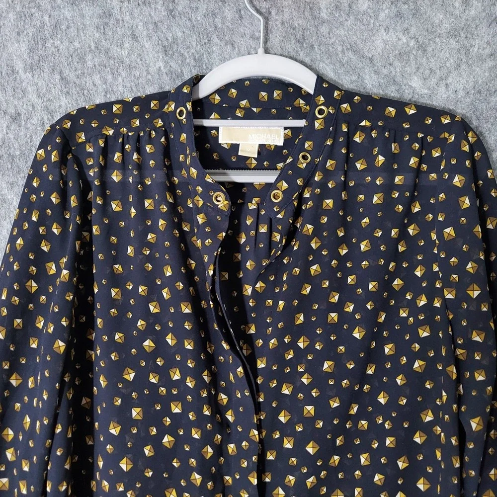 Michael‎ Kors Blouse Women M Black Gold Stud Print Grommet Neck Button Front Top